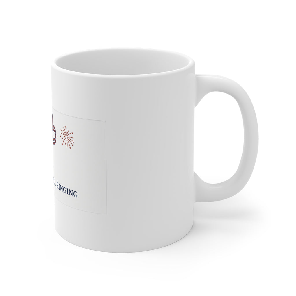 Still Ringing America 250 ceramic mug, white 11oz with the Liberty Bell '250 - We the People Still Ringing - 1776 to 2026' design, right side and handle