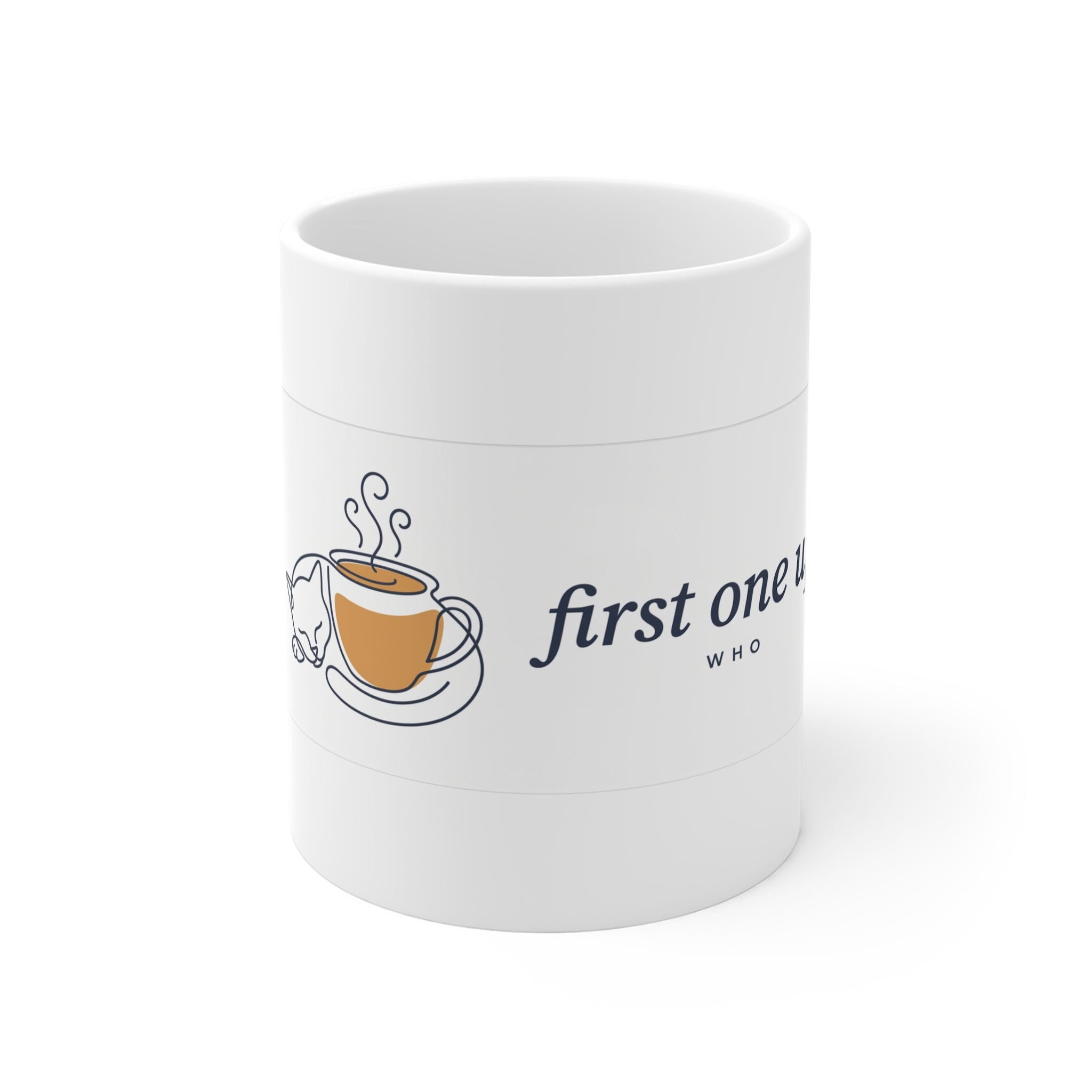 First One Up — Cat & Coffee Ceramic Mug — front view