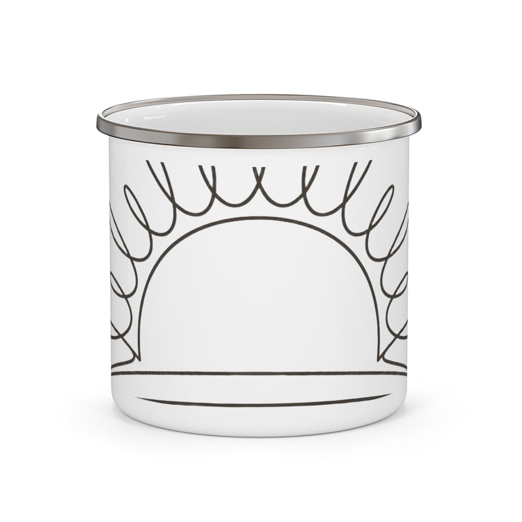 Sunrise Line Art Enamel Camping Mug -- Continuous Line, Warm White — front view