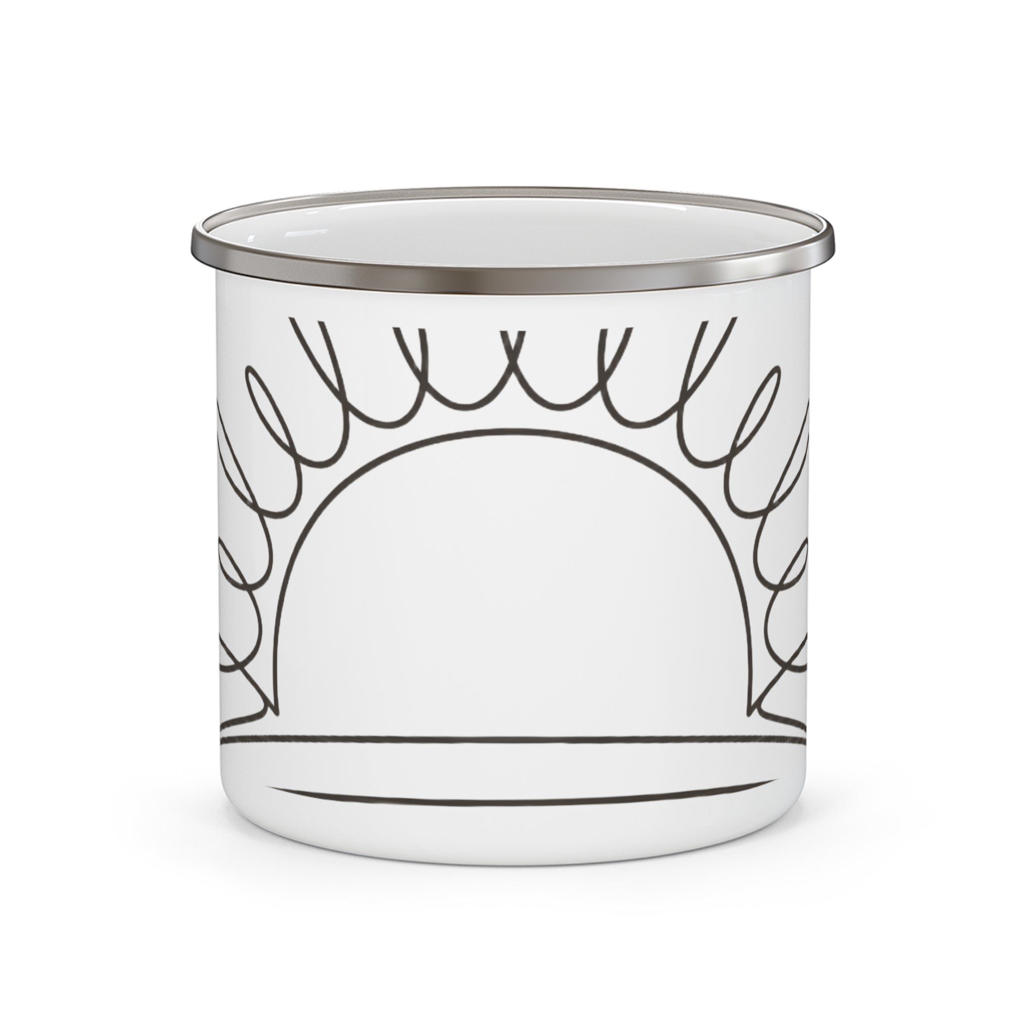 Sunrise Line Art Enamel Camping Mug -- Continuous Line, Warm White — front view