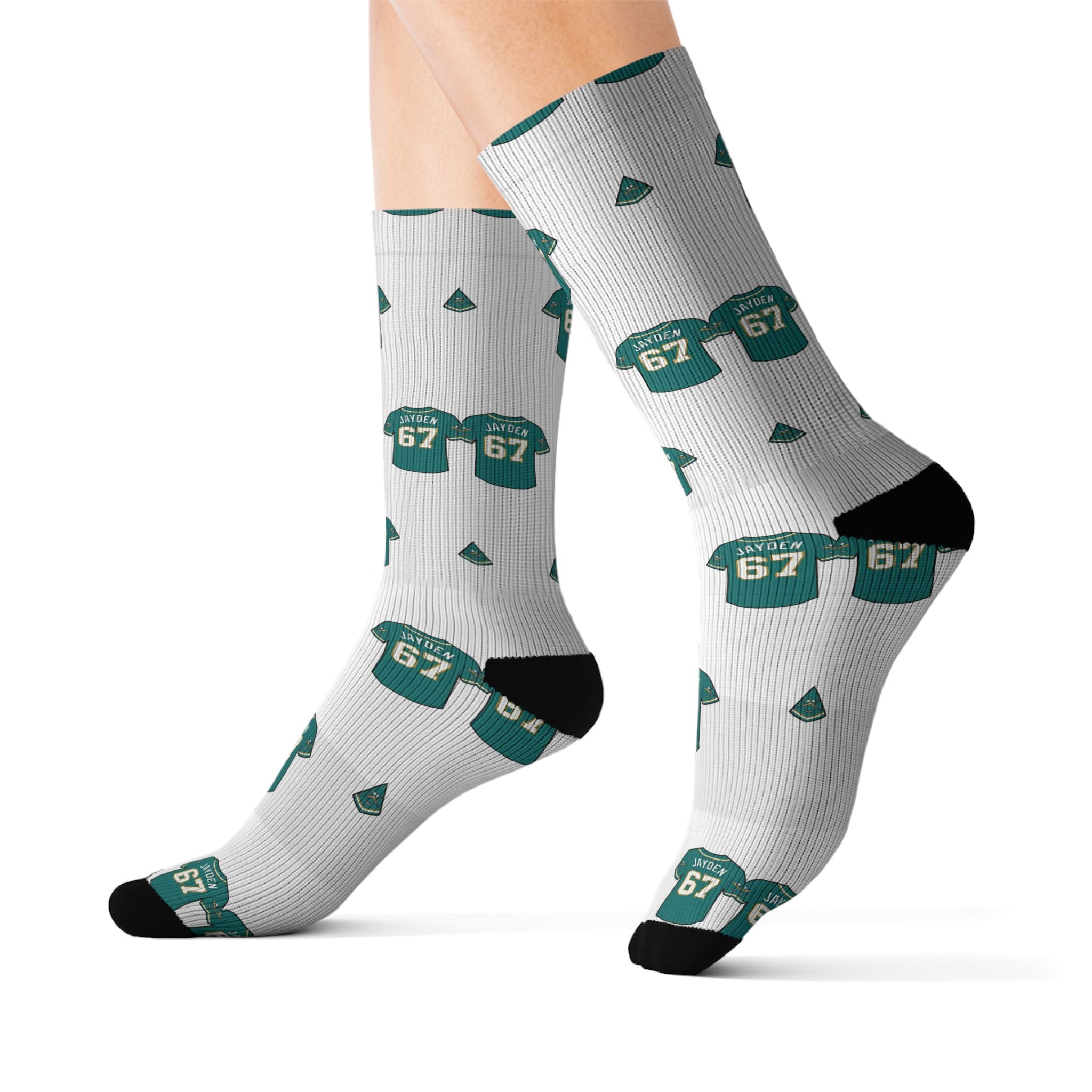 Custom Sublimation Socks — Green Jersey 67 Pattern Athletic Crew Socks