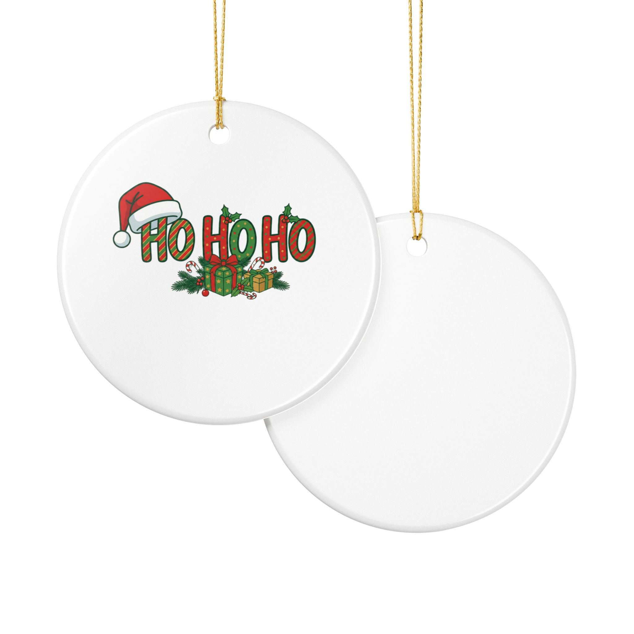 Ho Ho Ho Christmas Ornament — Ceramic Holiday Tree Decoration with Santa Hat & Gifts