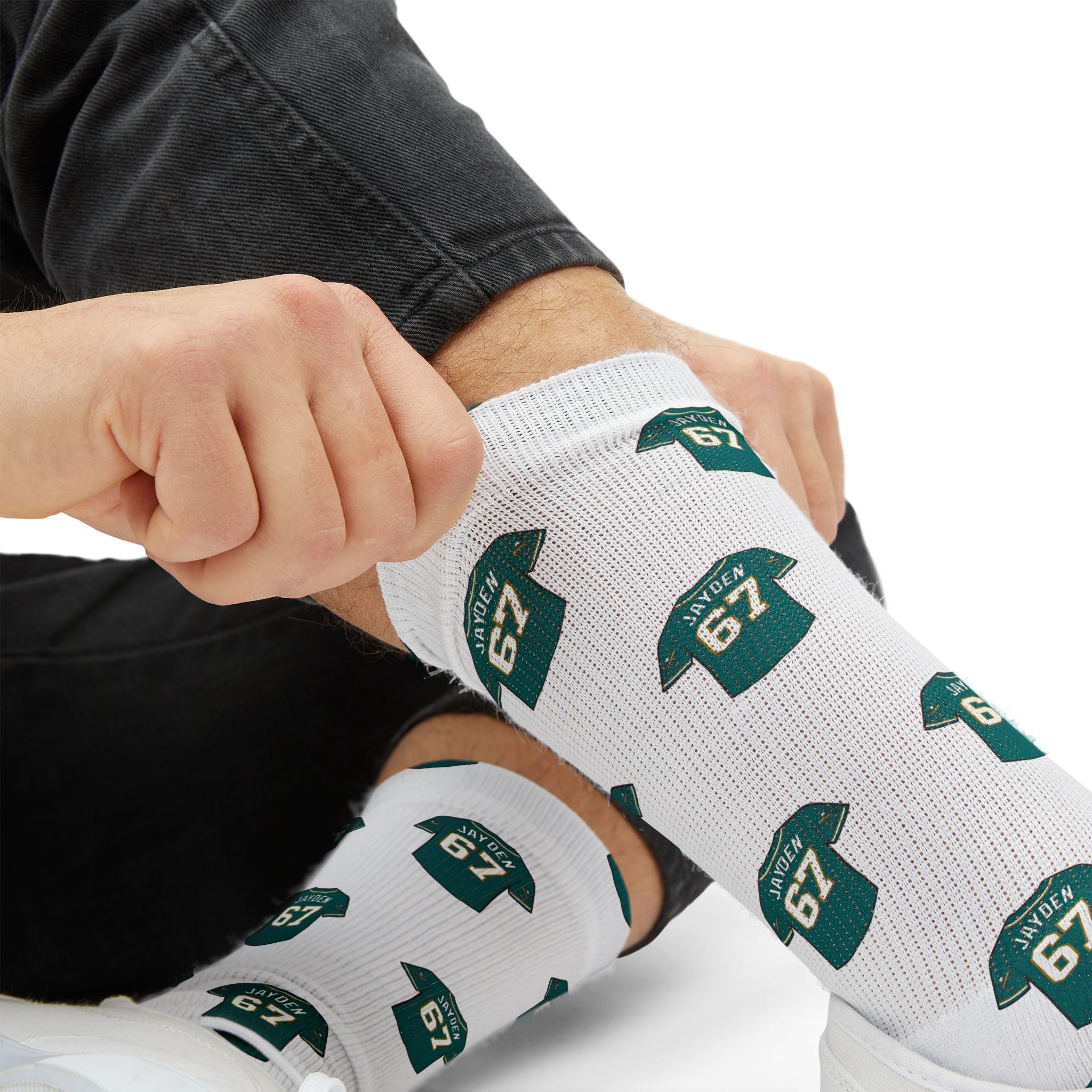 Custom Sublimation Socks — Green Jersey 67 Pattern Athletic Crew Socks