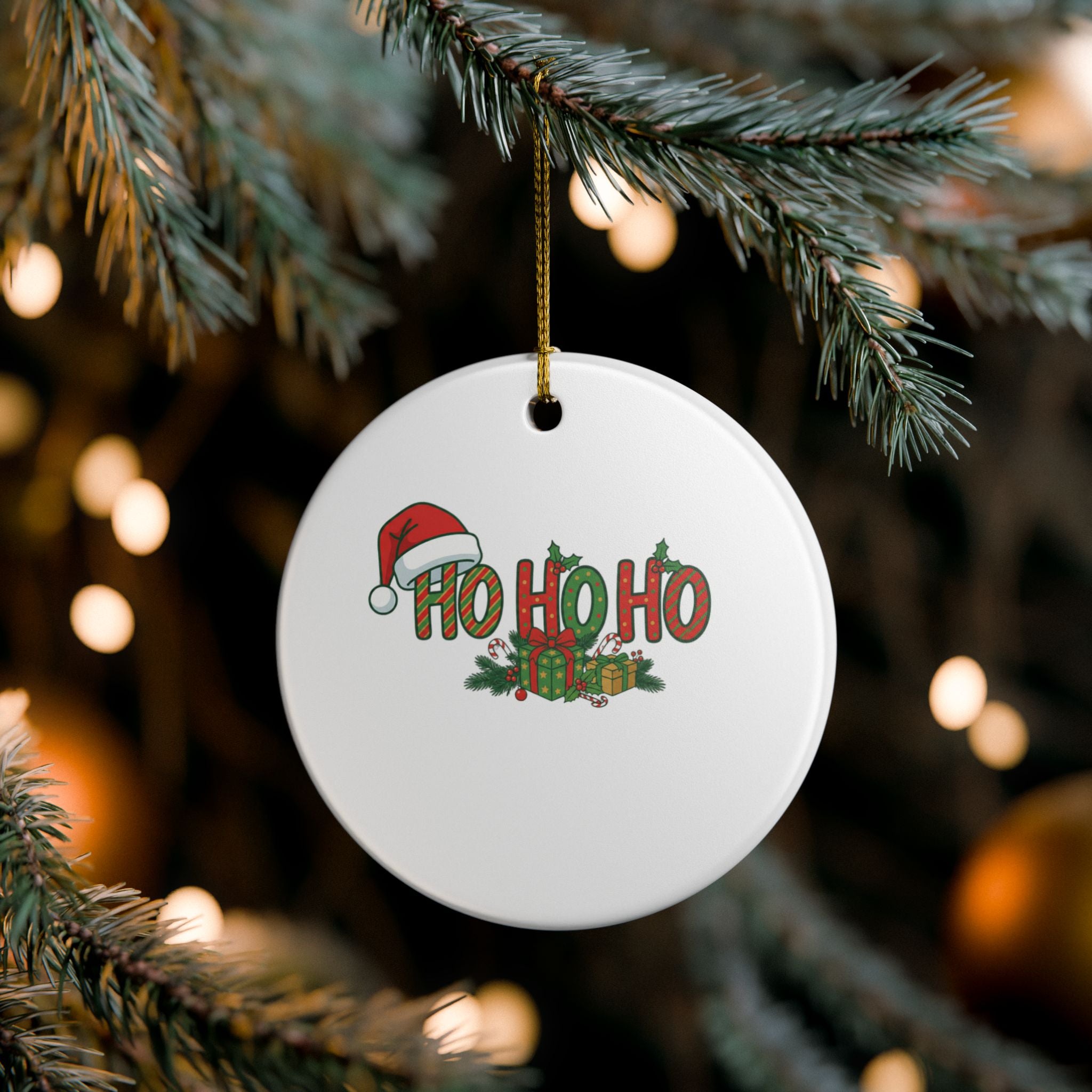 Ho Ho Ho Christmas Ornament — Ceramic Holiday Tree Decoration with Santa Hat & Gifts