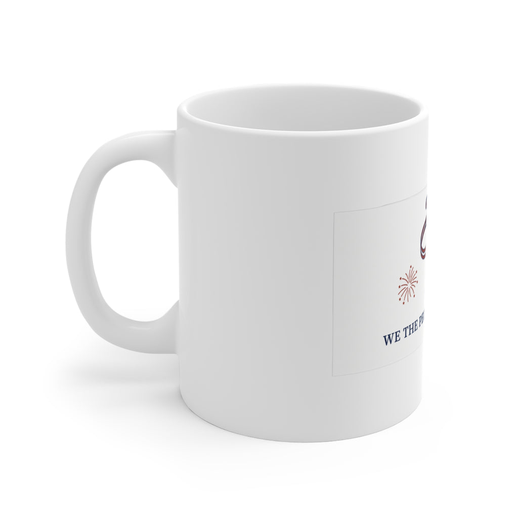 Still Ringing America 250 ceramic mug, white 11oz with the Liberty Bell '250 - We the People Still Ringing - 1776 to 2026' design, left side and handle