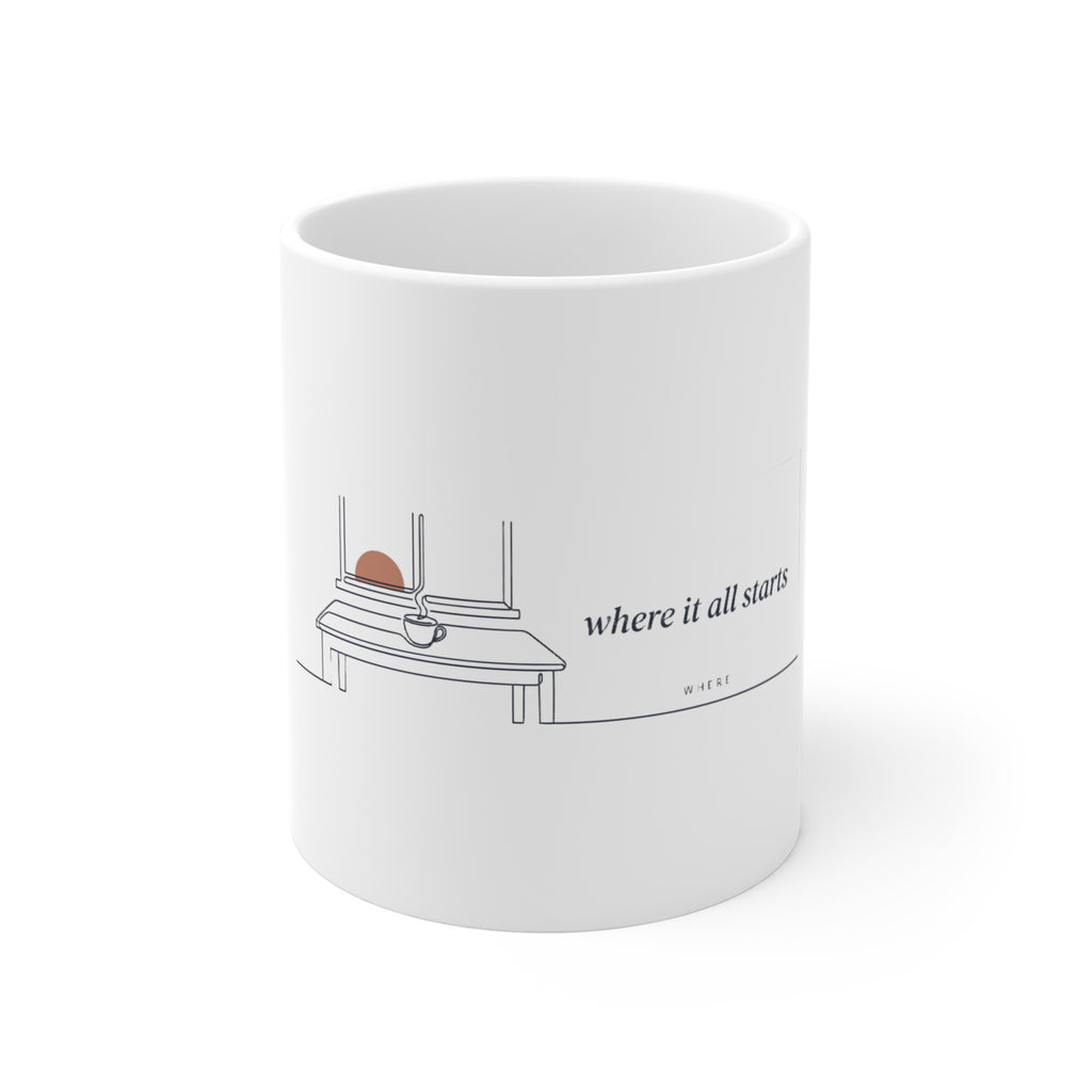 The Kitchen Table — The Where Mug - white 11oz ceramic mug, front view