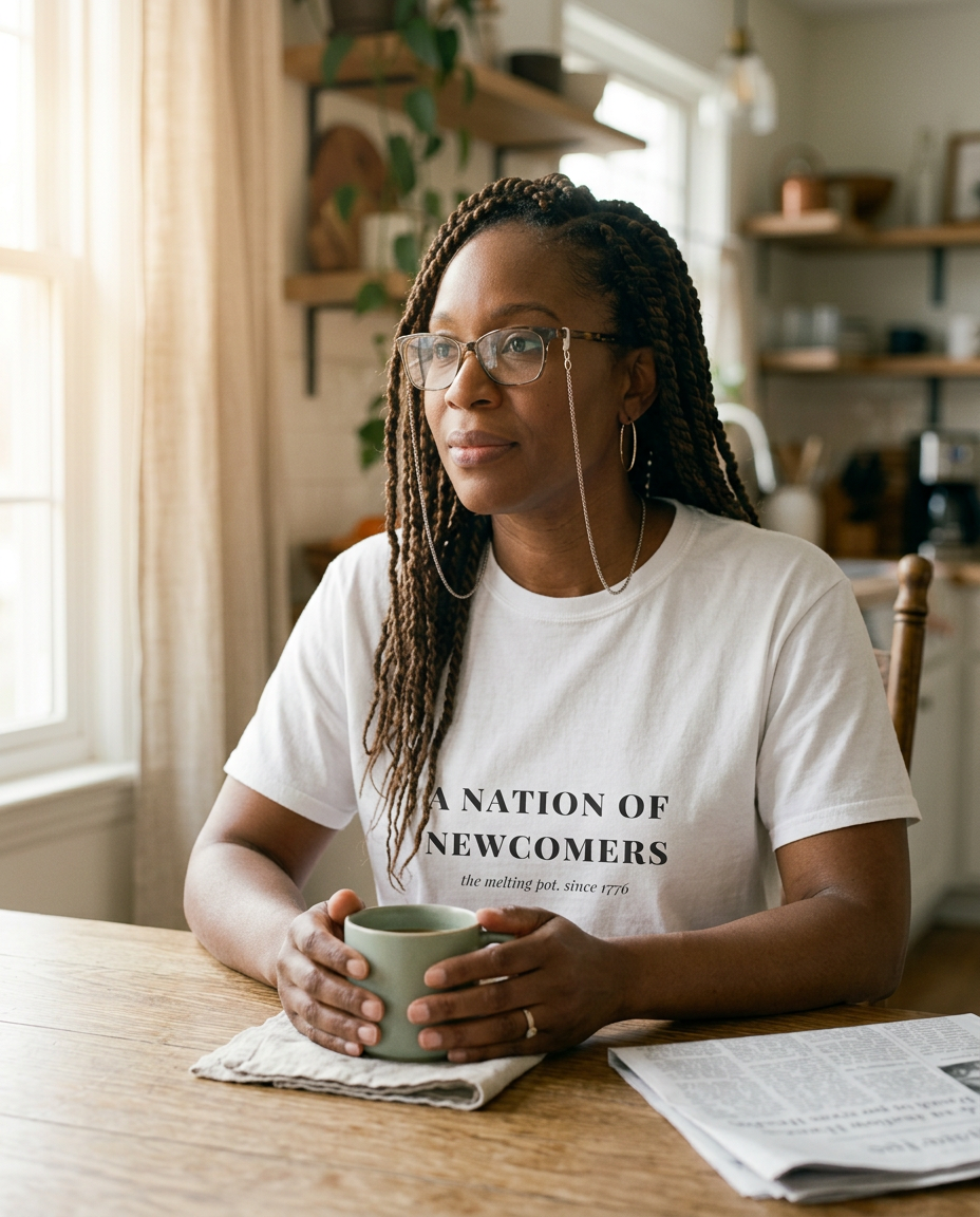 A Nation of Newcomers Tee - on a model