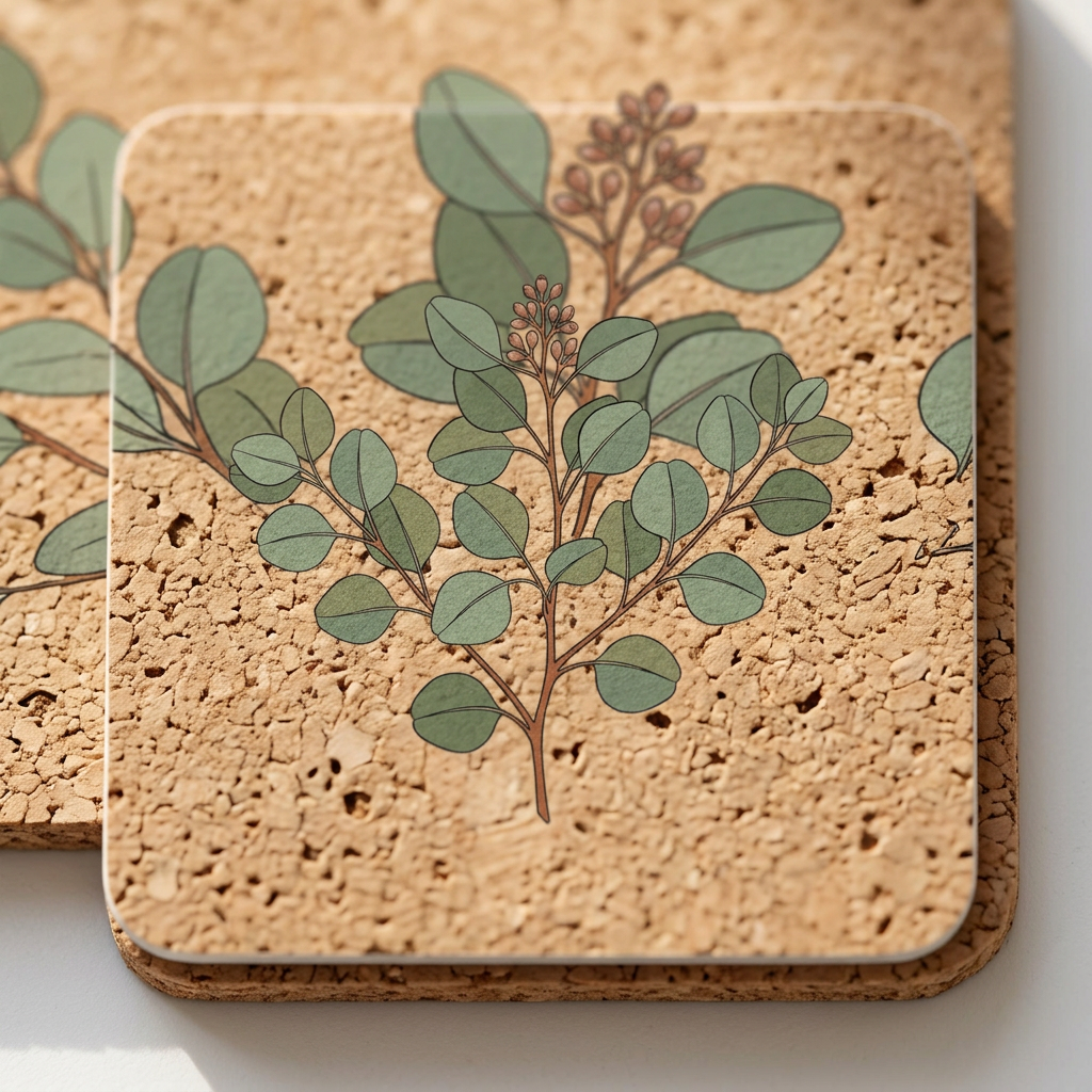 Botanical Morning Corkwood Coaster Set -- 4 Designs, Delicate Line Art - detail