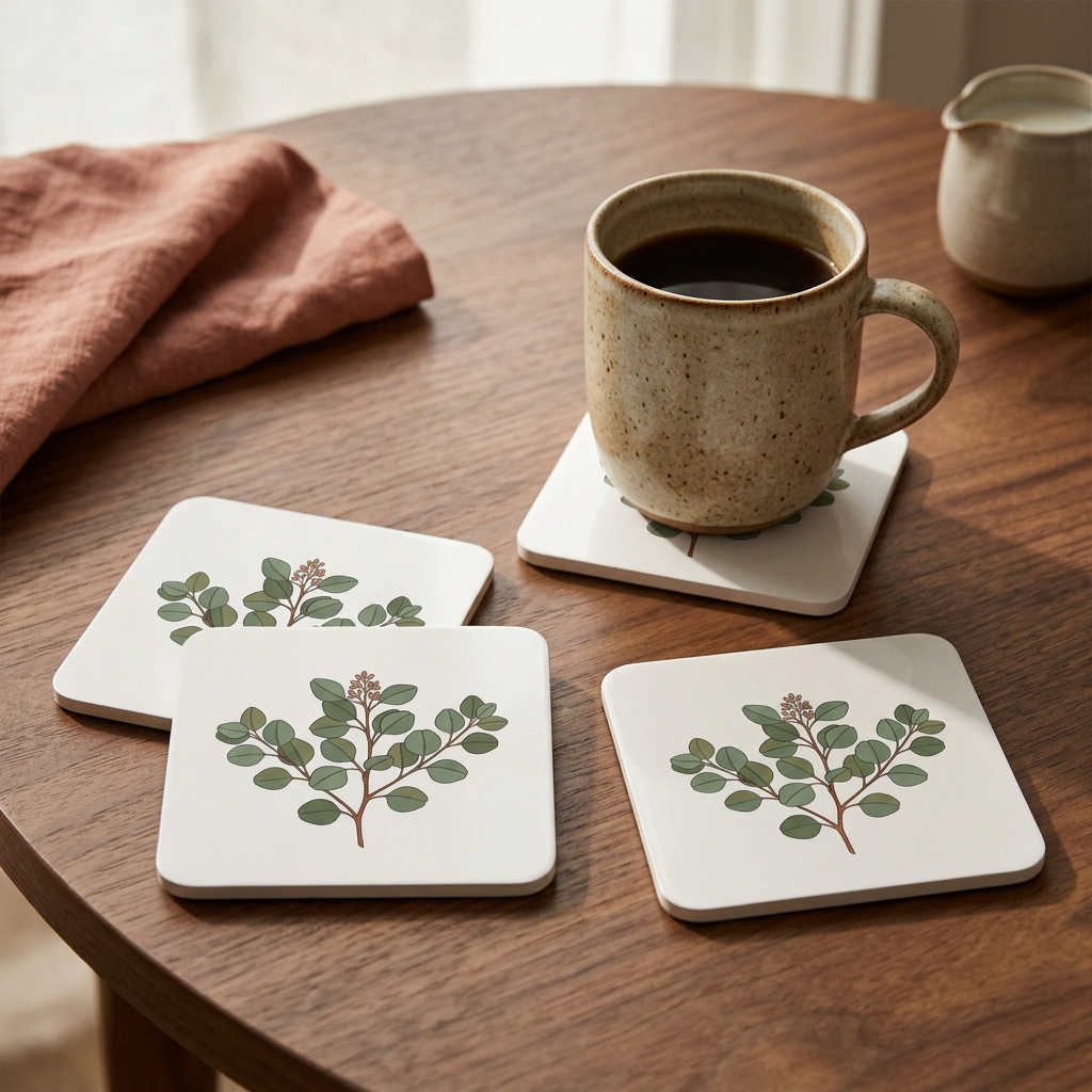 Botanical Morning Corkwood Coaster Set -- 4 Designs, Delicate Line Art - styled