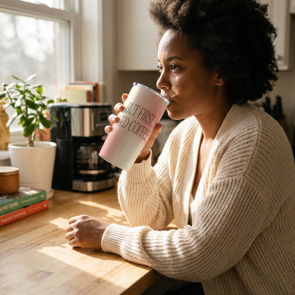 model: Insulated Tumbler — But First, Iced Coffee - lifestyle