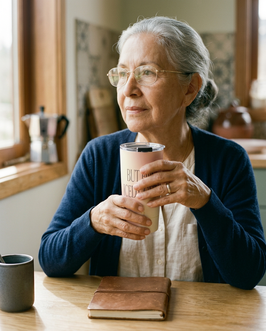 Insulated Tumbler — But First, Iced Coffee - on a model