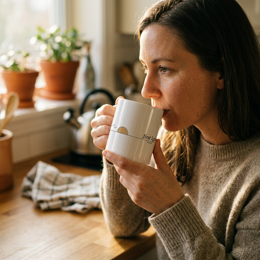 model: First Light — The When Mug - lifestyle