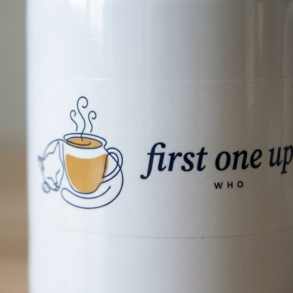 First One Up — Cat & Coffee Ceramic Mug - detail