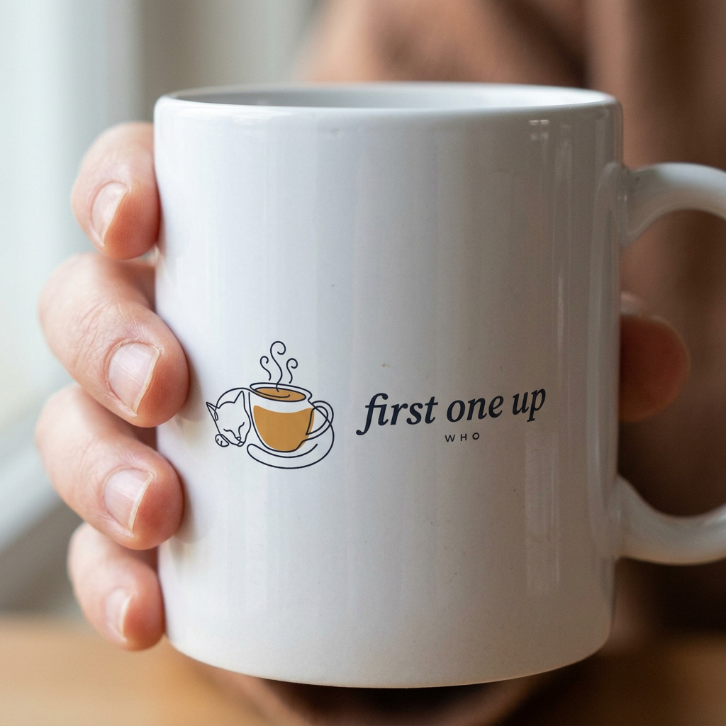 model: First One Up — Cat & Coffee Ceramic Mug - detail