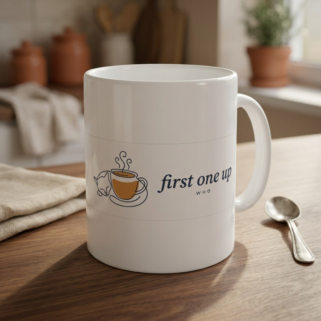 First One Up — Cat & Coffee Ceramic Mug - styled