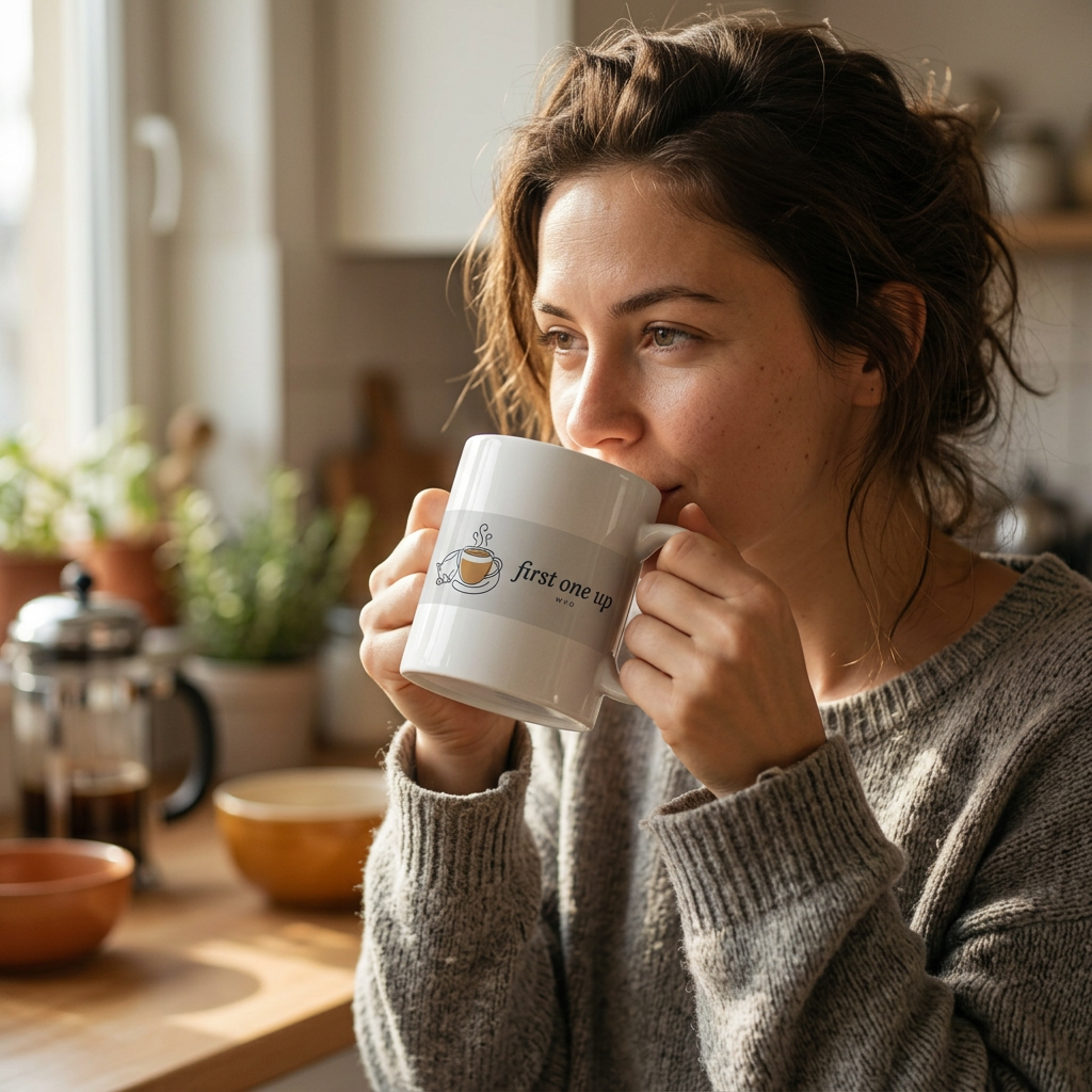 model: First One Up — Cat & Coffee Ceramic Mug - lifestyle