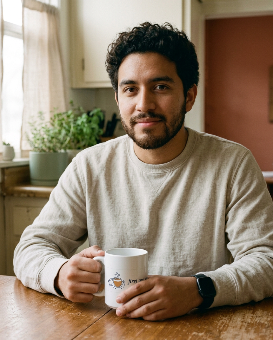 First One Up — Cat & Coffee Ceramic Mug - on a model