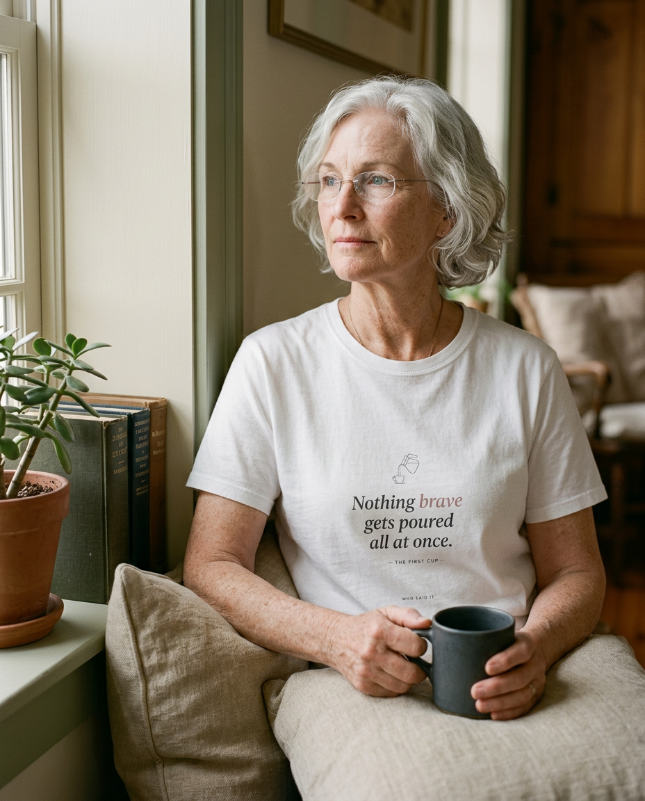 Nothing Brave All at Once — The First Cup Tee - on a model