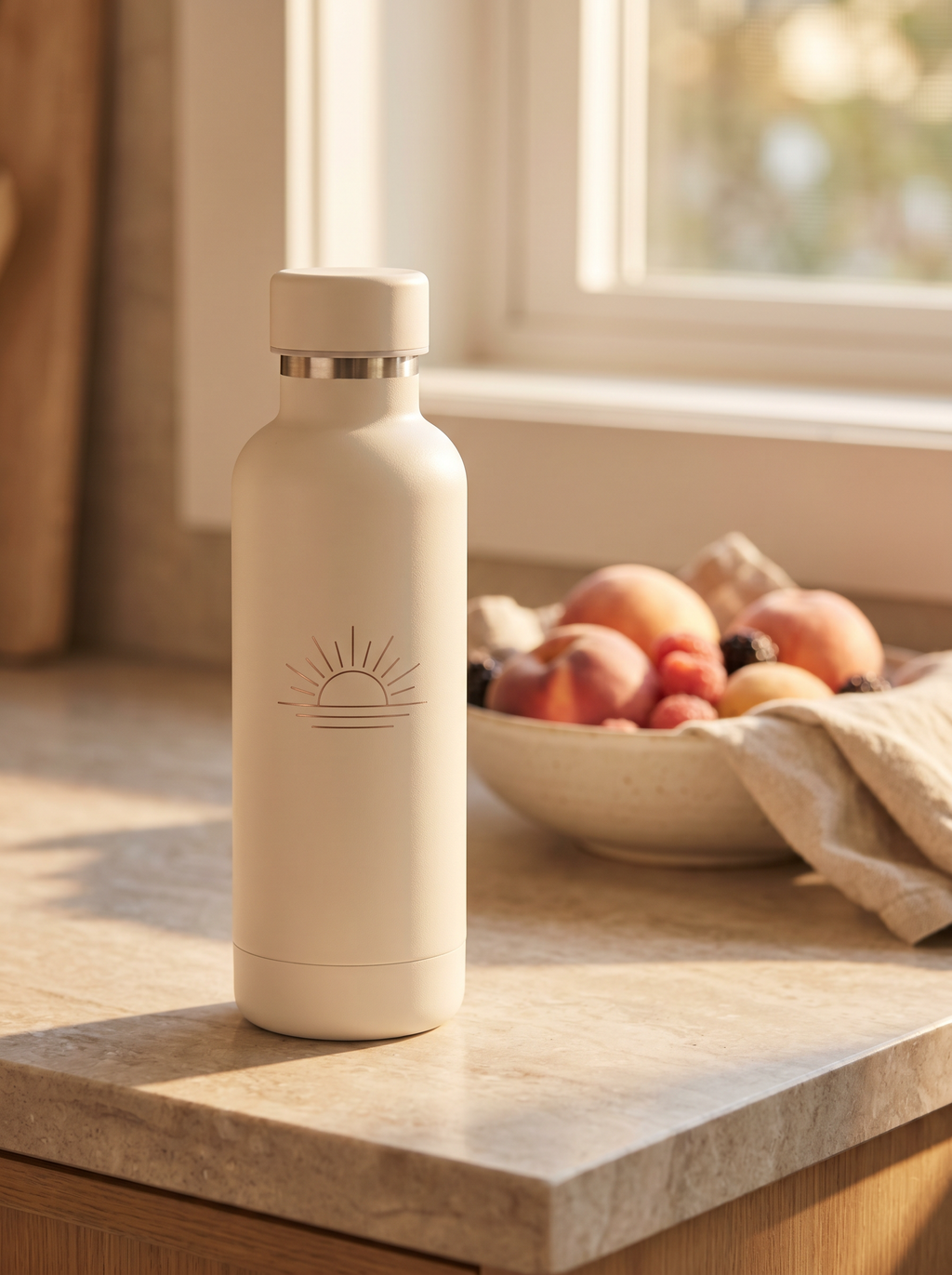 Insulated 20oz vessel in a warm morning setting