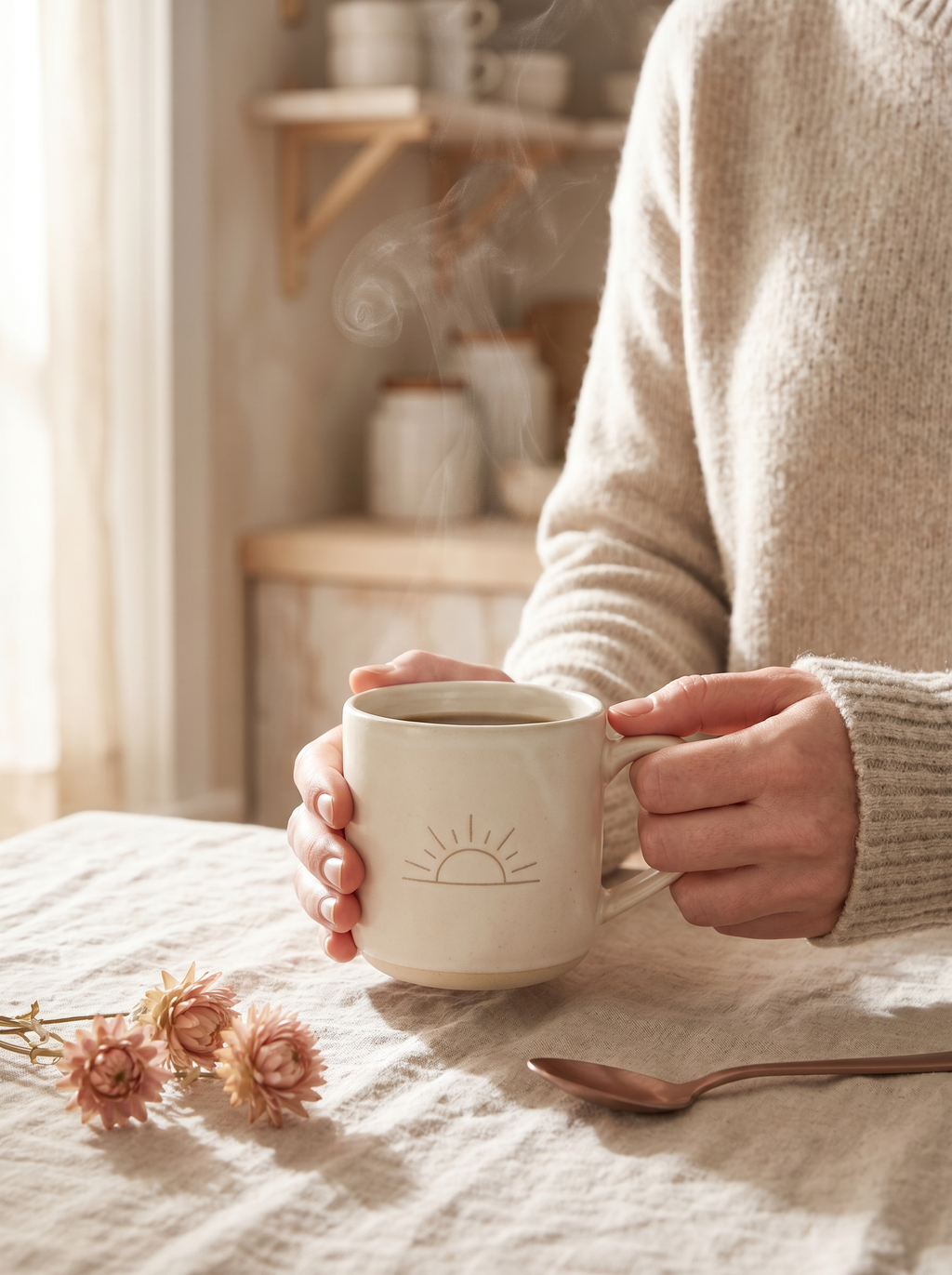 The Original Morning Person mug in warm morning light