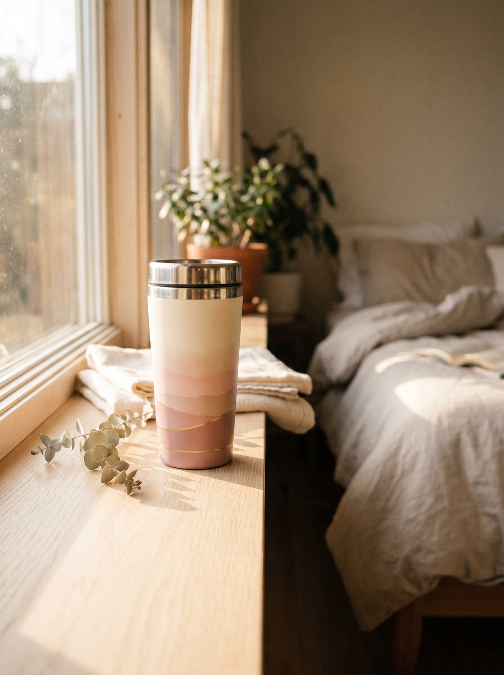 Golden Hour insulated travel mug in soft morning light