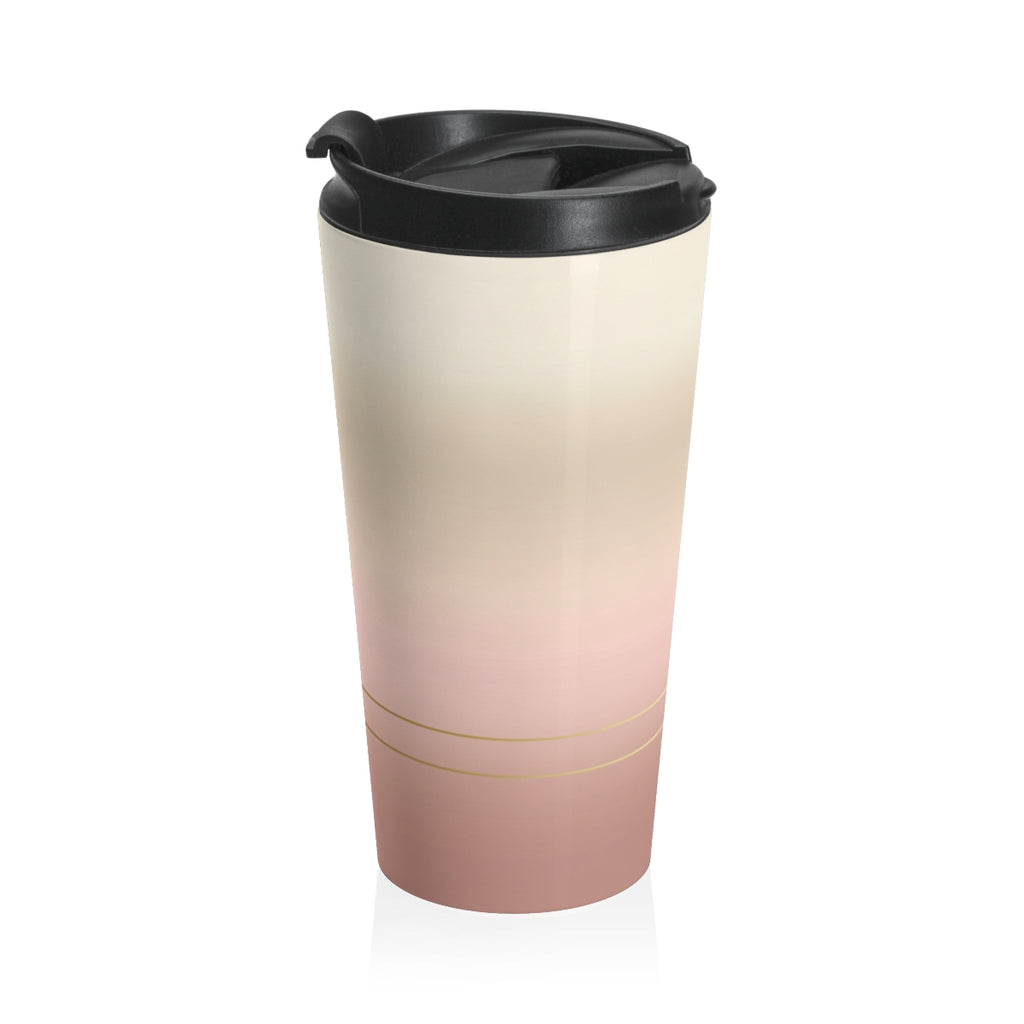 Golden Hour insulated travel mug with first-light gradient wrap (left)