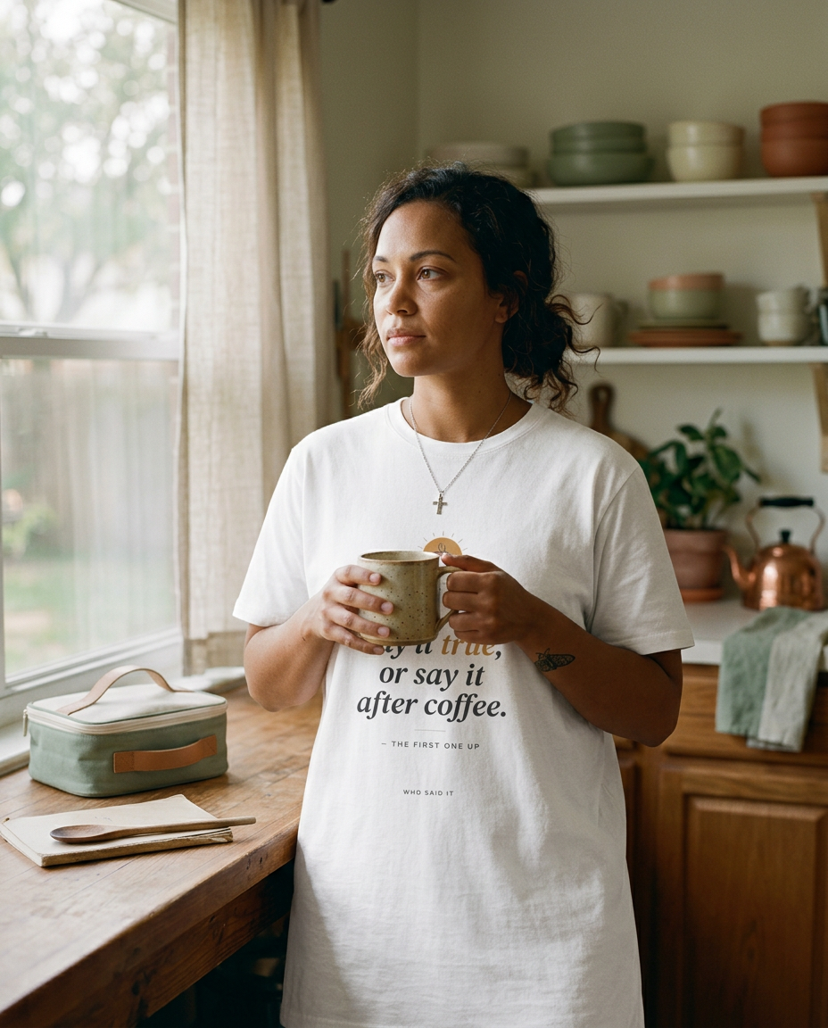 Say It True — The First One Up Tee - on a model