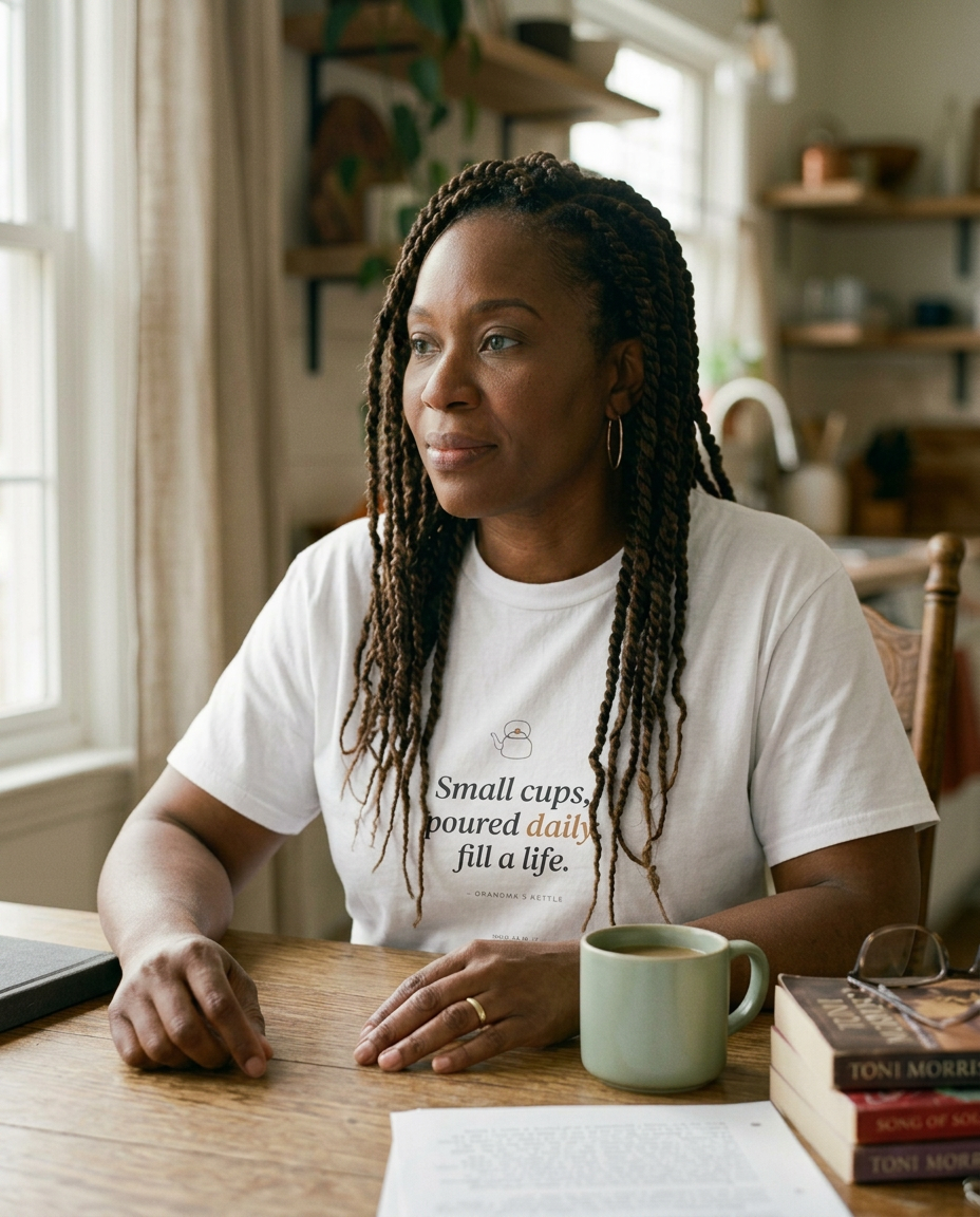model: Small Cups, Poured Daily — Grandma's Kettle Tee - lifestyle