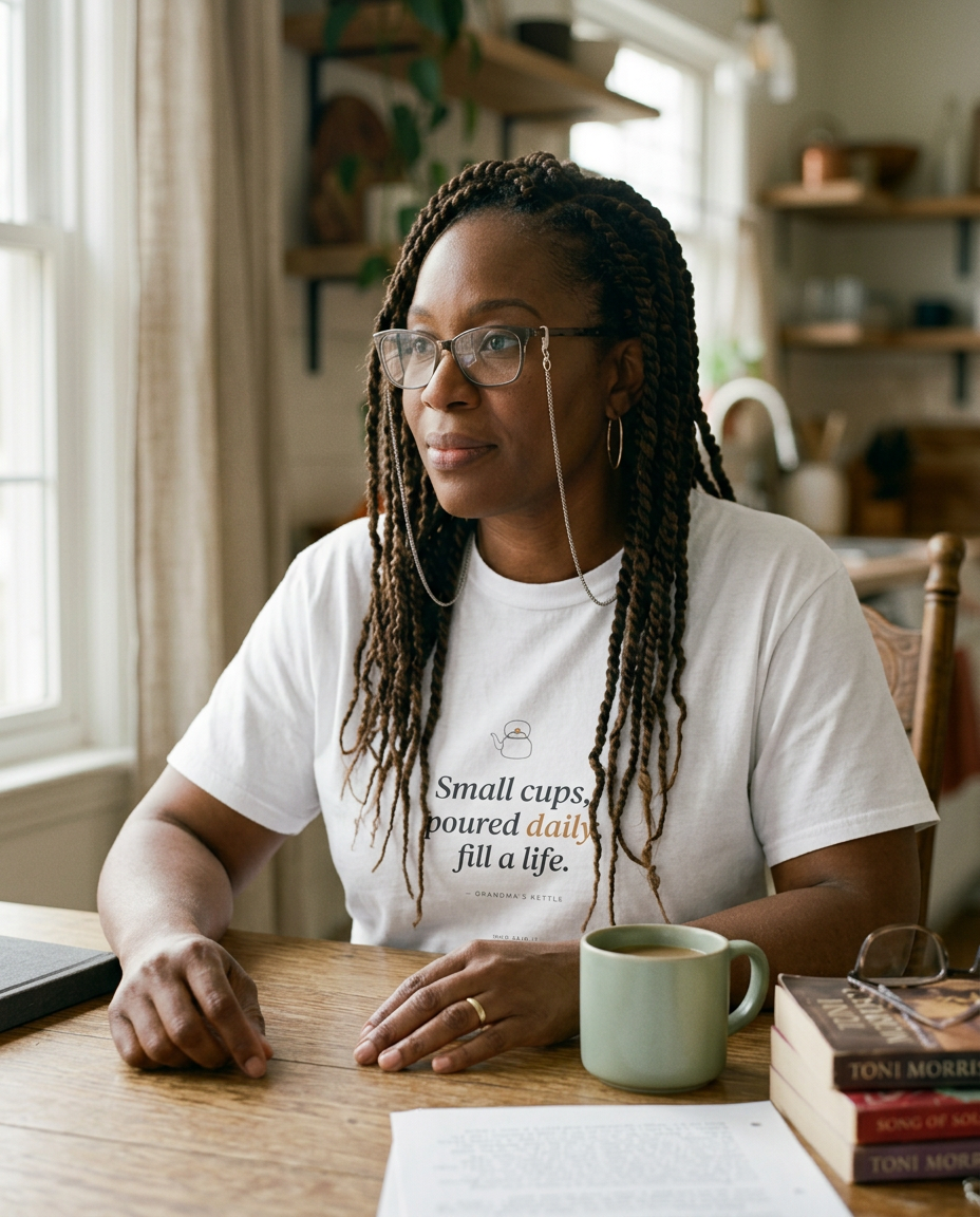 Small Cups, Poured Daily — Grandma's Kettle Tee - on a model