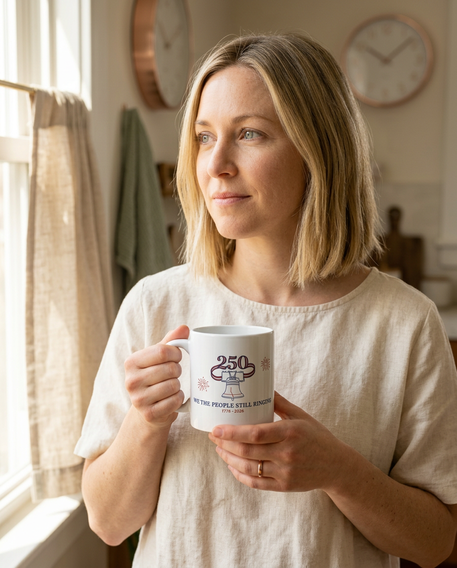 Still Ringing — America 250 Ceramic Mug - on a model