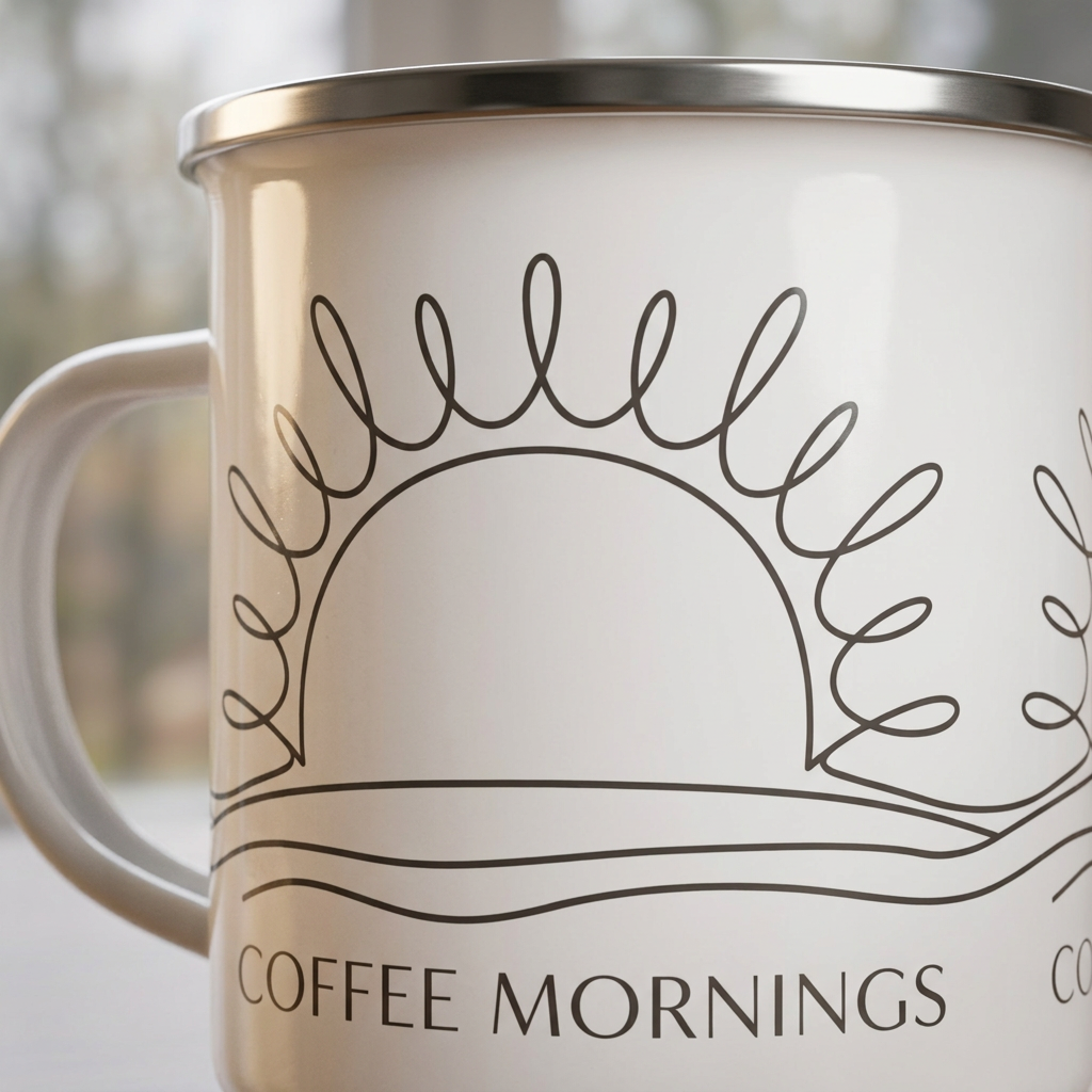 Sunrise Line Art Enamel Camping Mug -- Continuous Line, Warm White - detail