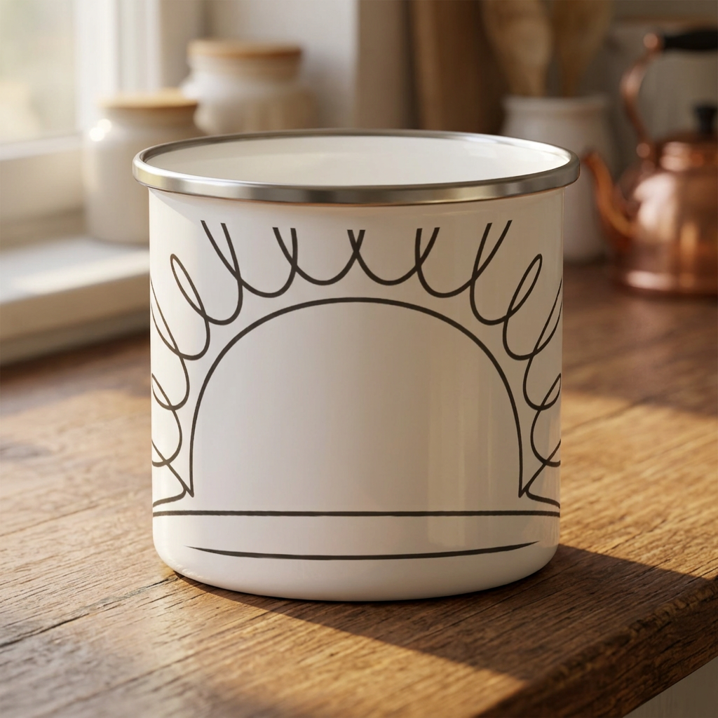 Sunrise Line Art Enamel Camping Mug -- Continuous Line, Warm White - styled