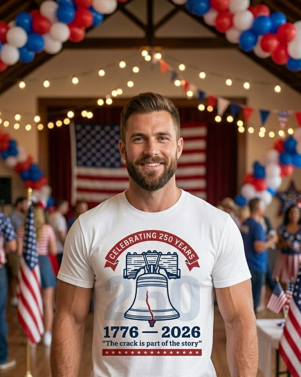 The Crack Is Part of the Story — America 250 Tee - on a model