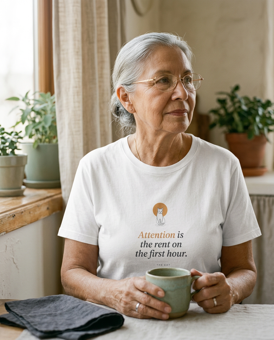 The Rent Is Attention — The Cat Tee - on a model