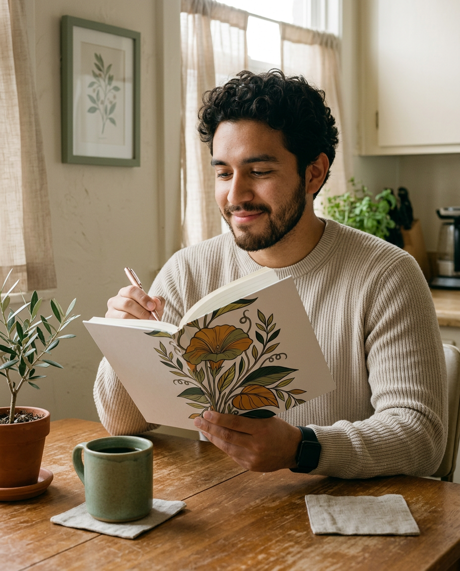 The Ritual Hardcover Journal -- Botanical Morning - on a model
