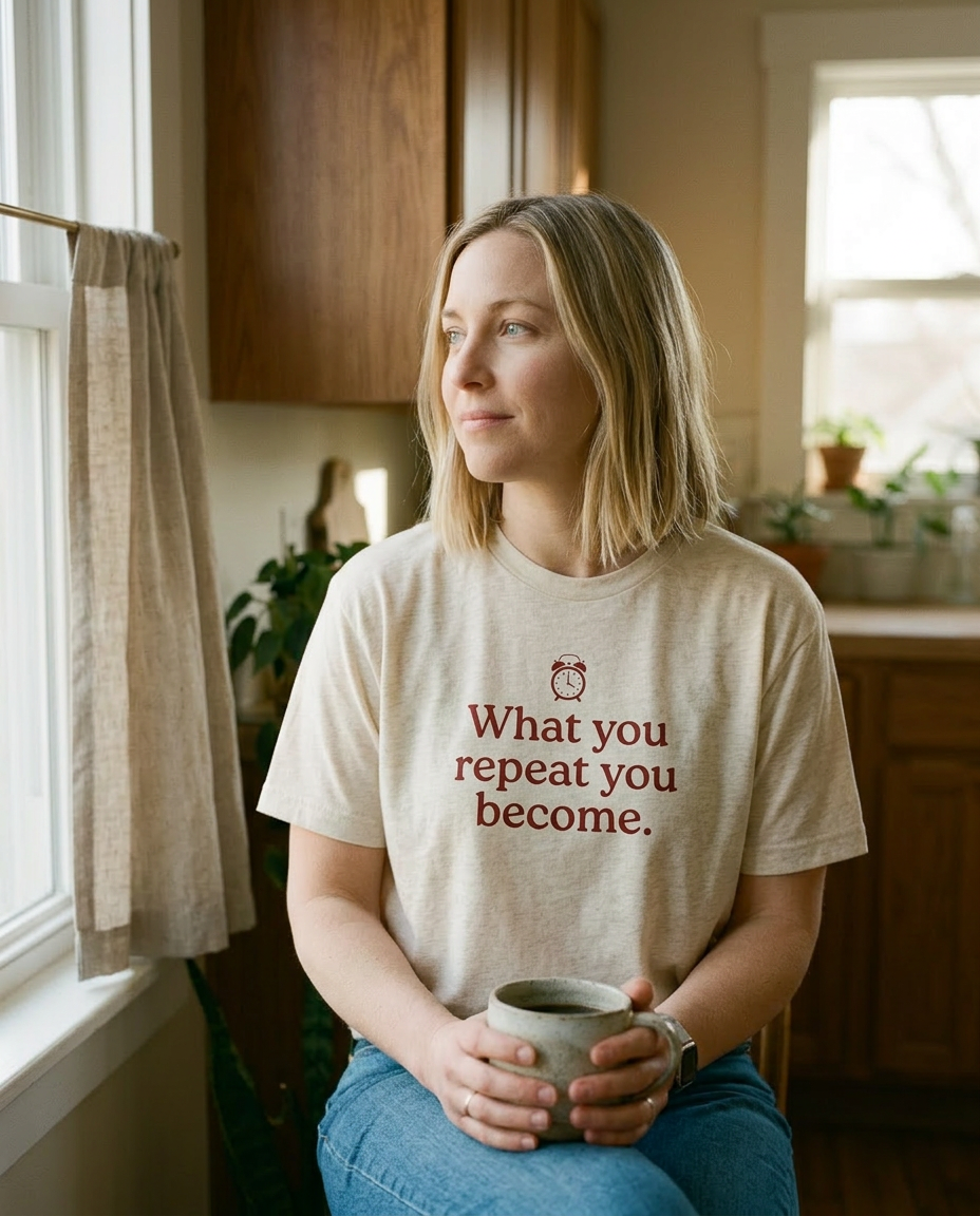 model: What You Repeat — The Alarm Tee - lifestyle