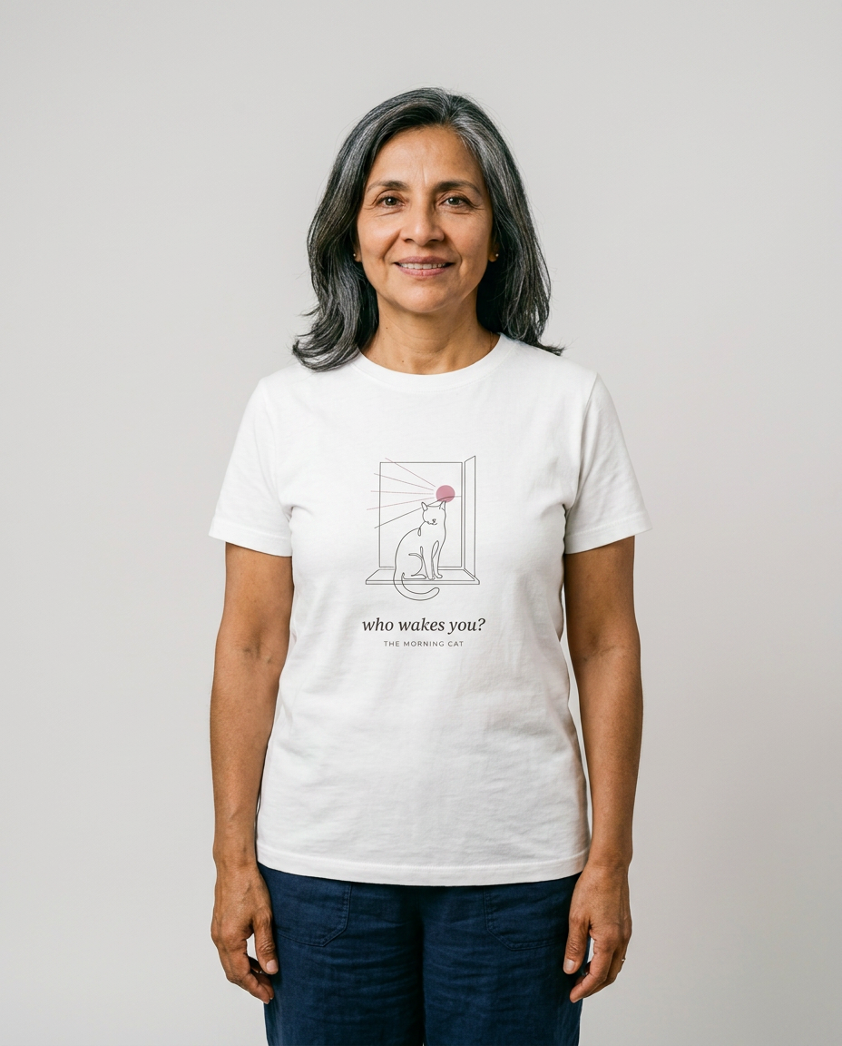 model: Who Wakes You — The Morning Cat Tee - catalog-hero